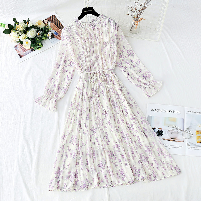 Dress women's French retro pleated waist slim dress  2167