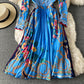 Celebrity temperament bow print Pleated Dress  3299