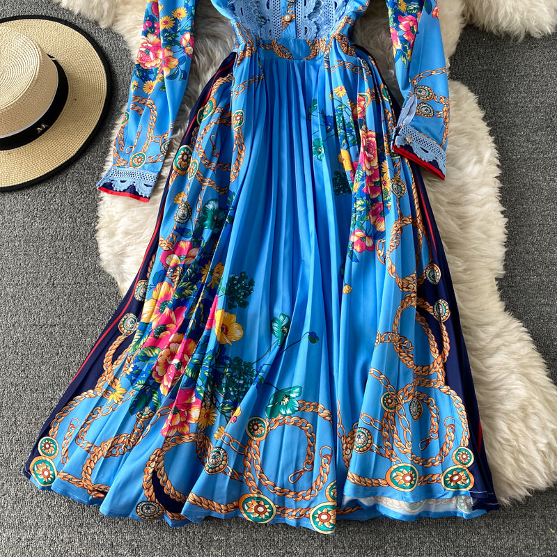 Celebrity temperament bow print Pleated Dress  3299