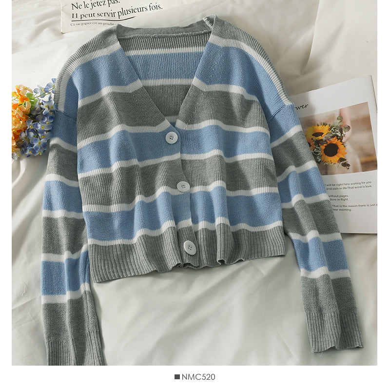 Korean stripe three button low neck thin cardigan long sleeve  1793