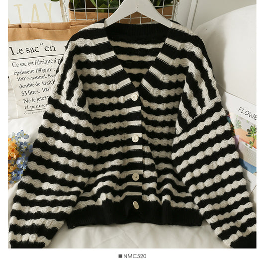 Pullover Damen gestreifte einreihige Strickjacke mit langen Ärmeln 1982