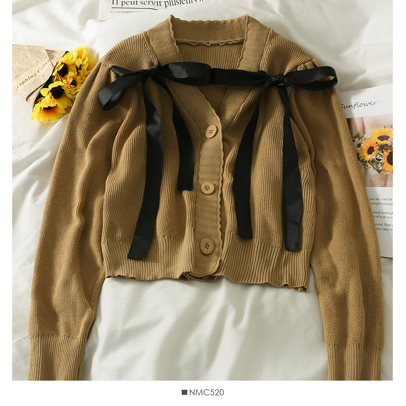 Korean bow tie short single breasted sweater for women  1945