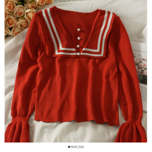 Knitwear women's autumn clothes look thin and versatile trumpet sleeve top  1961