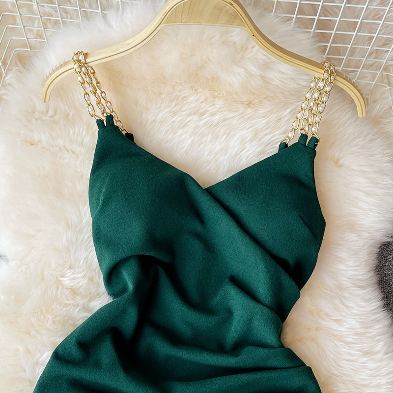 Slim wrap hip skirt low chest V-neck dress  2767