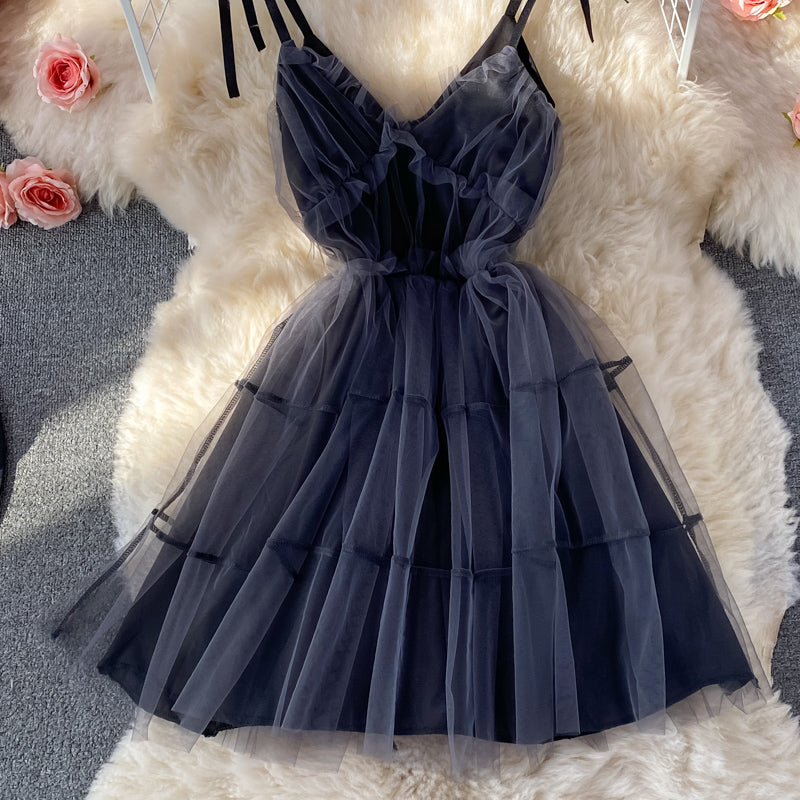 Bow tie tie waist closing thin mesh puffy dress  3071