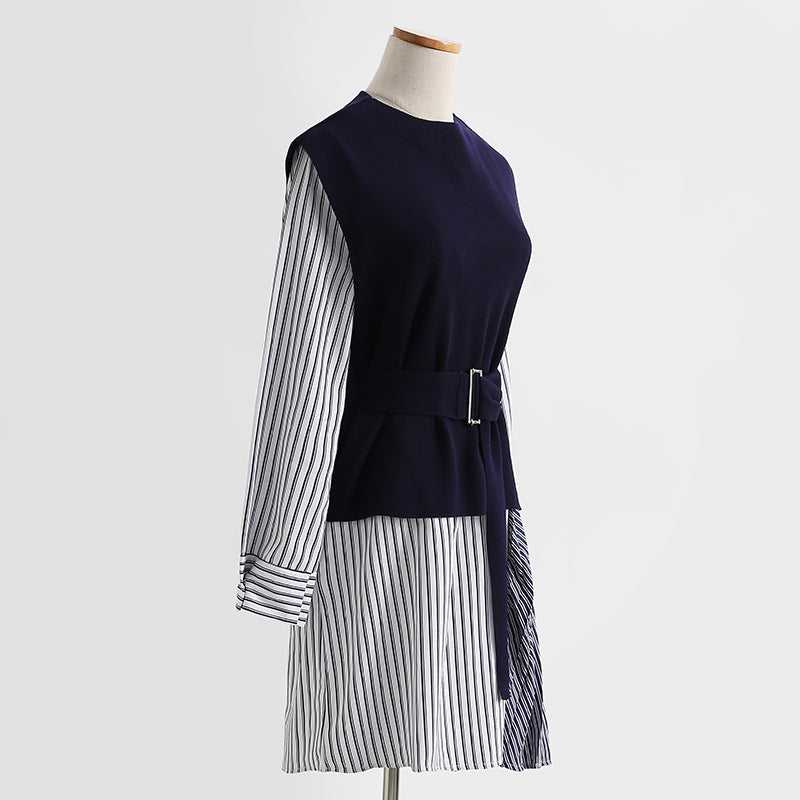 Temperament striped shirt knitted vest two-piece suit dress  2278