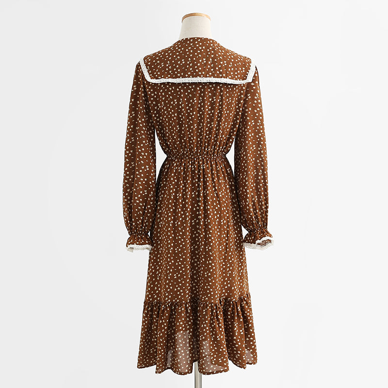 Slim baby collar coffee floral dress lace up dress  2321