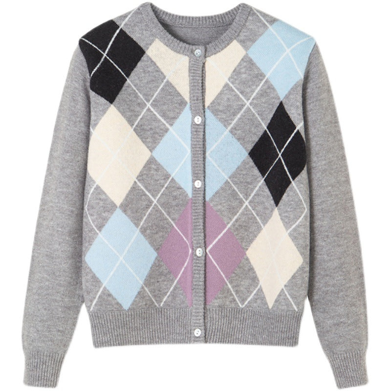 Gentle, vintage, round-neck plaid cardigan  1434