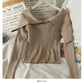 French minority design, one line shoulder with clavicle exposed, short long sleeve T-shirt  2083