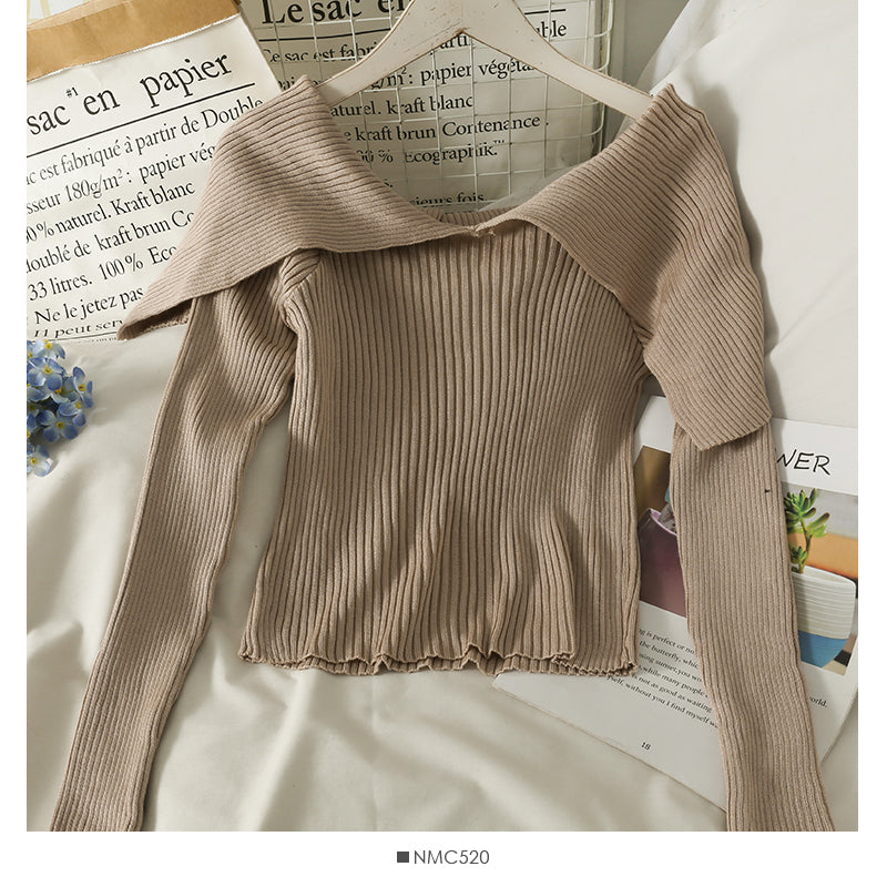 French minority design, one line shoulder with clavicle exposed, short long sleeve T-shirt  2083