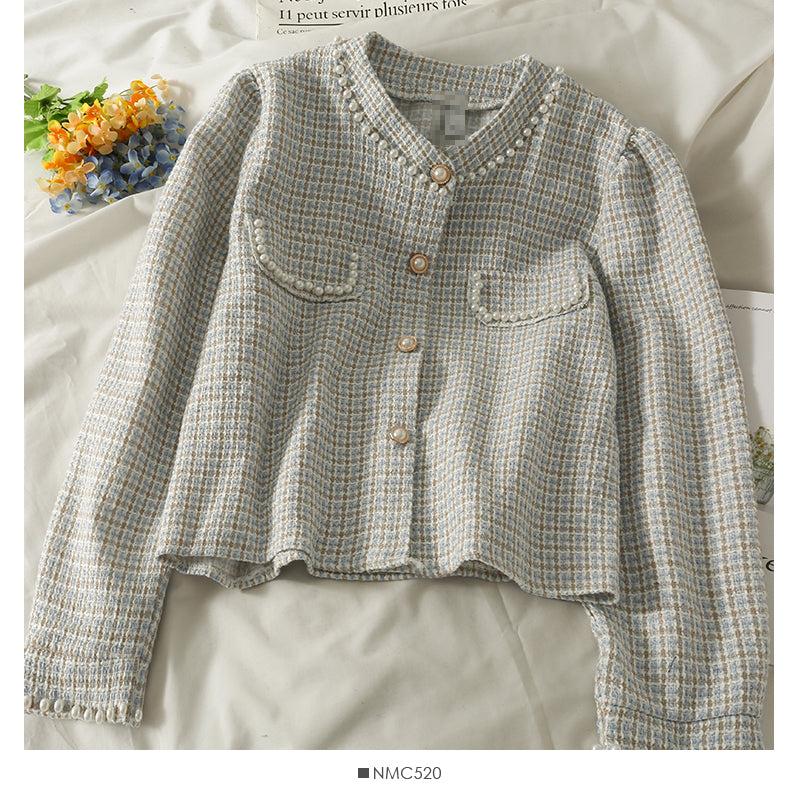 Petit cardigan court en tweed à simple boutonnage petit manteau 2092