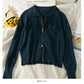 Lapel Zip Cardigan long sleeve vertical stripe top  1830
