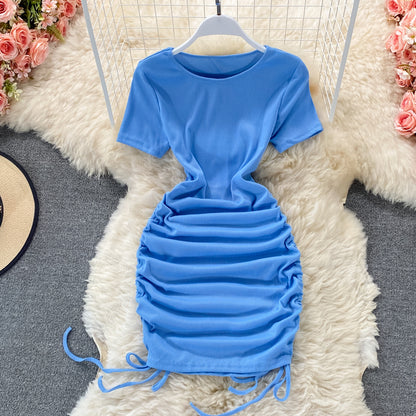 Sexy drawstring temperament slim round neck tight buttock dress  2777