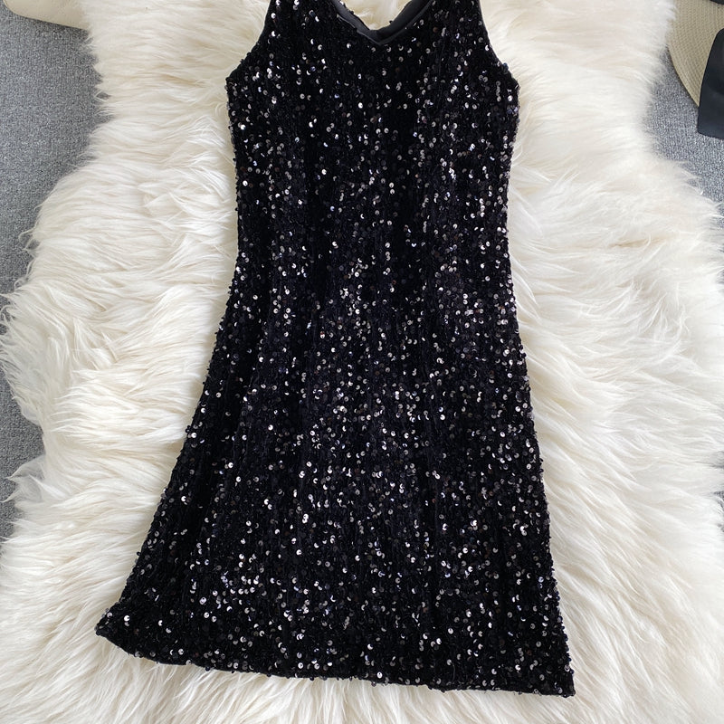Sequin slim sexy hip strap dress  2849