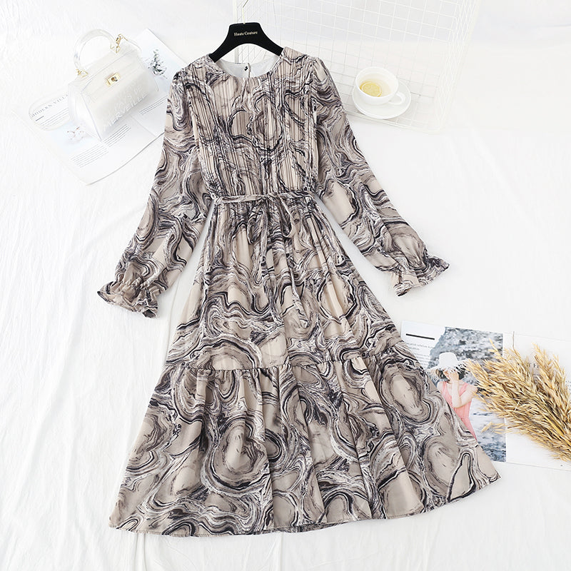 French retro interior with bottom over knee Chiffon loose pleated long skirt  2386
