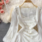 Robe à col carré à manches bouffantes de style rétro français coréen 2866