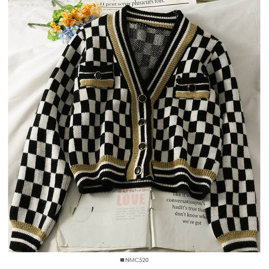 Cardigan à carreaux à trois boutons et col bas pour femme 1845