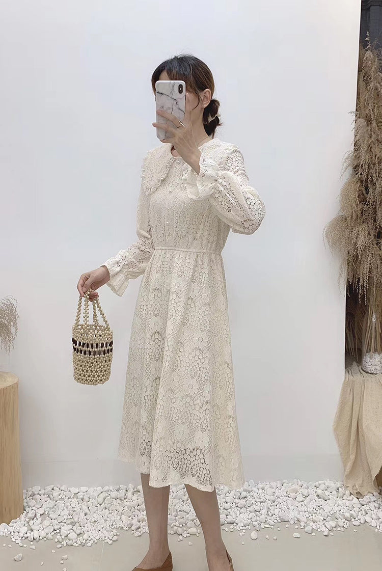 New Lapel lace long sleeve high waist slim gentle long skirt  2390