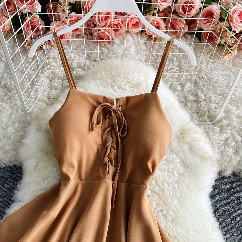 Solid lace up slim sleeveless irregular large hem strapless dress  2721