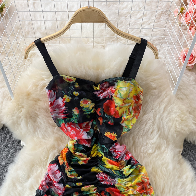 Suspender dress elastic slim mesh printed strapless and buttocks  2821