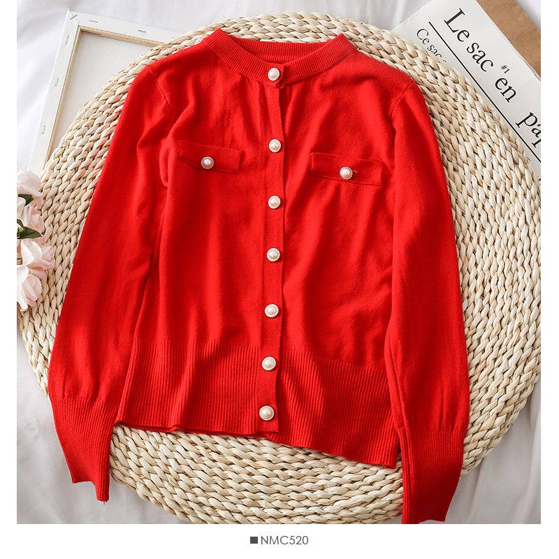 Round neck single row pearl button cardigan sweater coat  1865