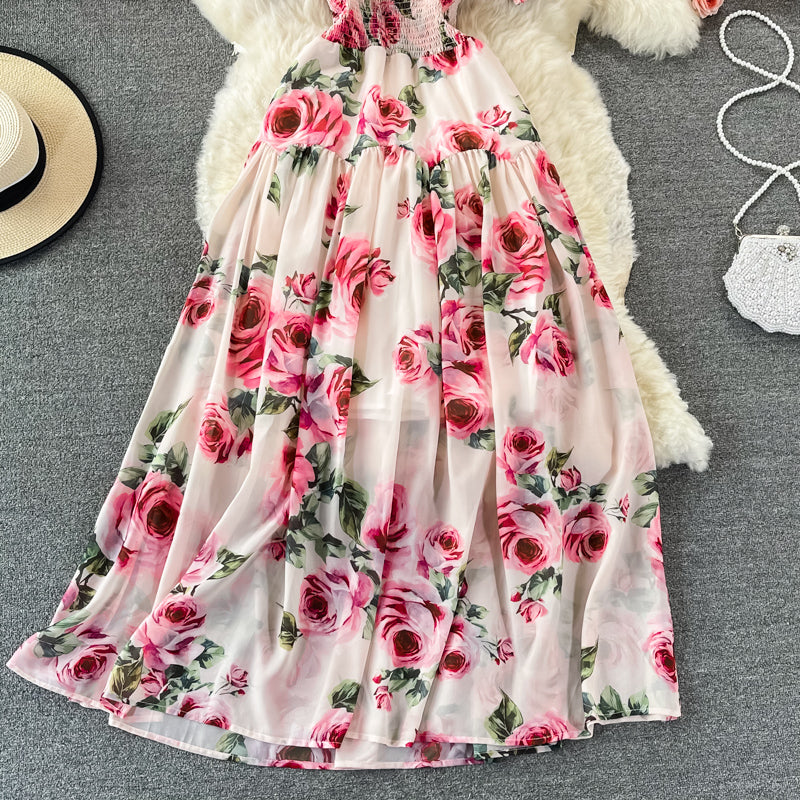 V-neck rose print dress elegant dress  3082