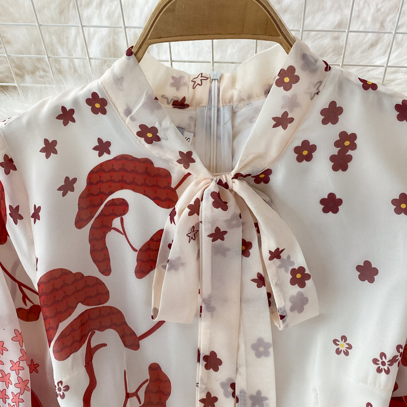 Temperament loose bow tie lace print dress  3351