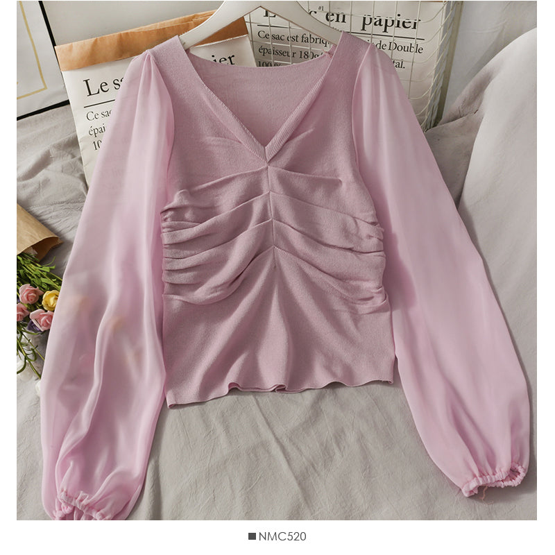 Korean Chiffon stitched bubble long sleeve T-shirt  2027