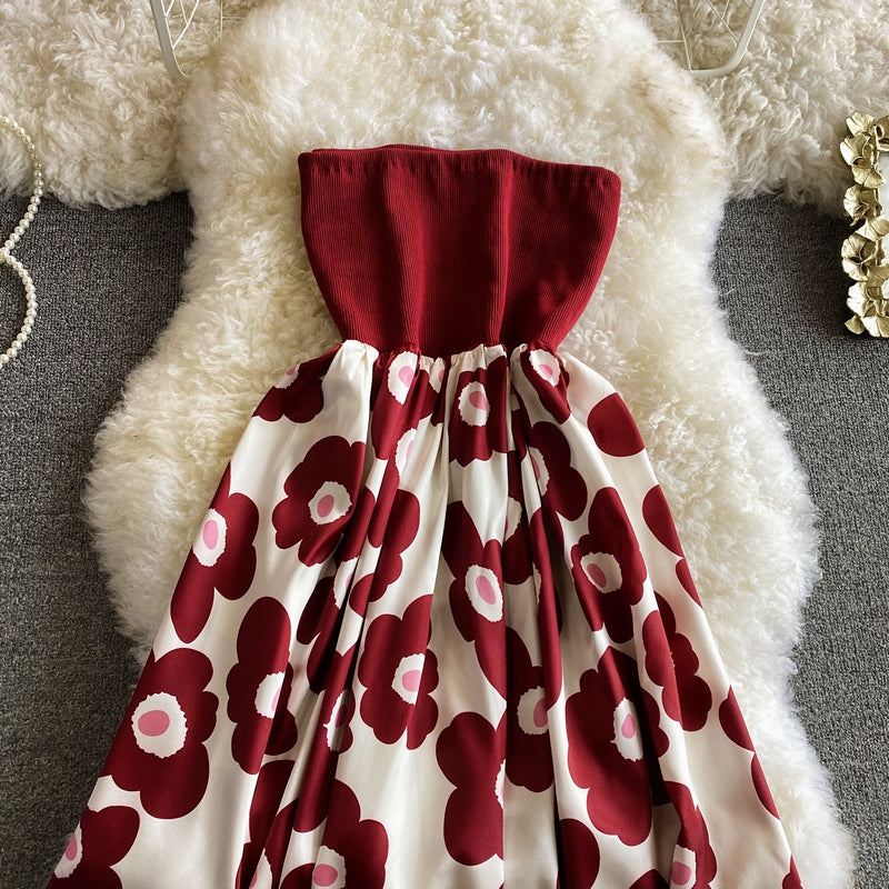 Vintage printed Strapless skirt with slim waist dress  2830