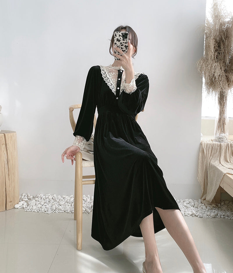 Lace V-neck velvet dress  2163