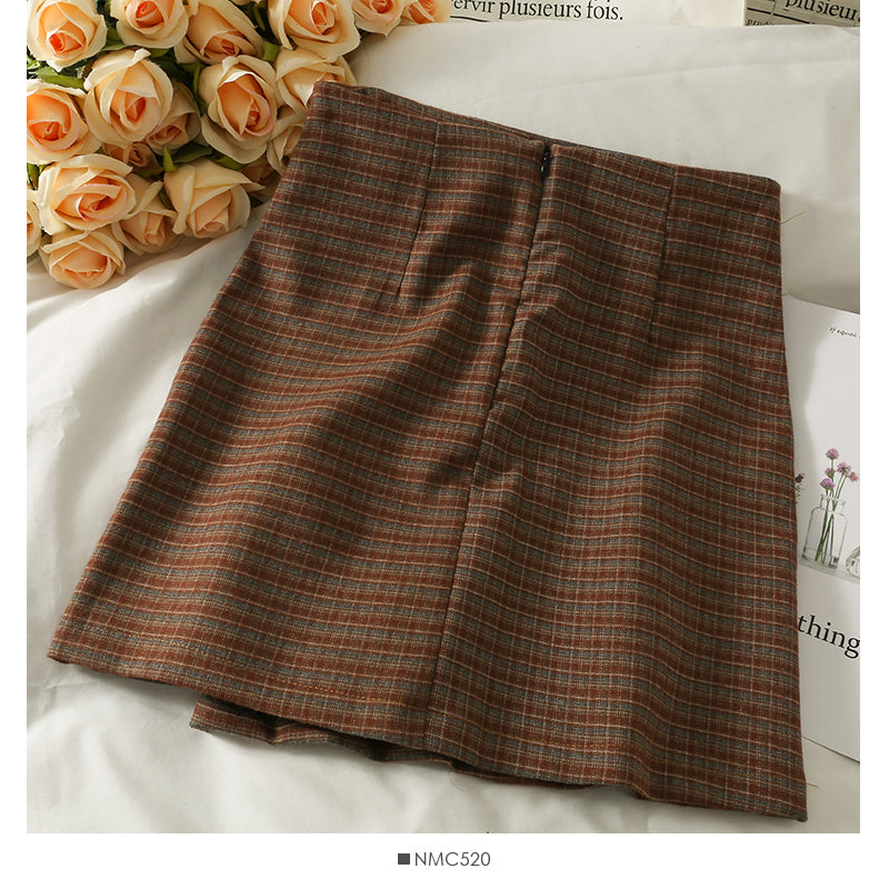 Hong Kong style retro breasted high waist thin wool versatile skirt  2593