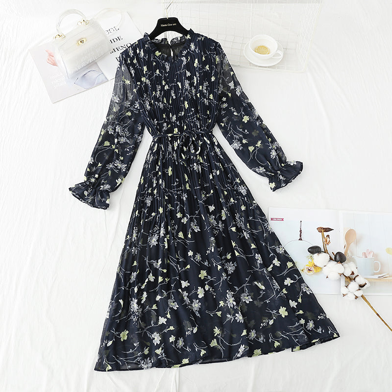 Long sleeved Pleated Chiffon Skirt loose and thin, retro knee length skirt  2346