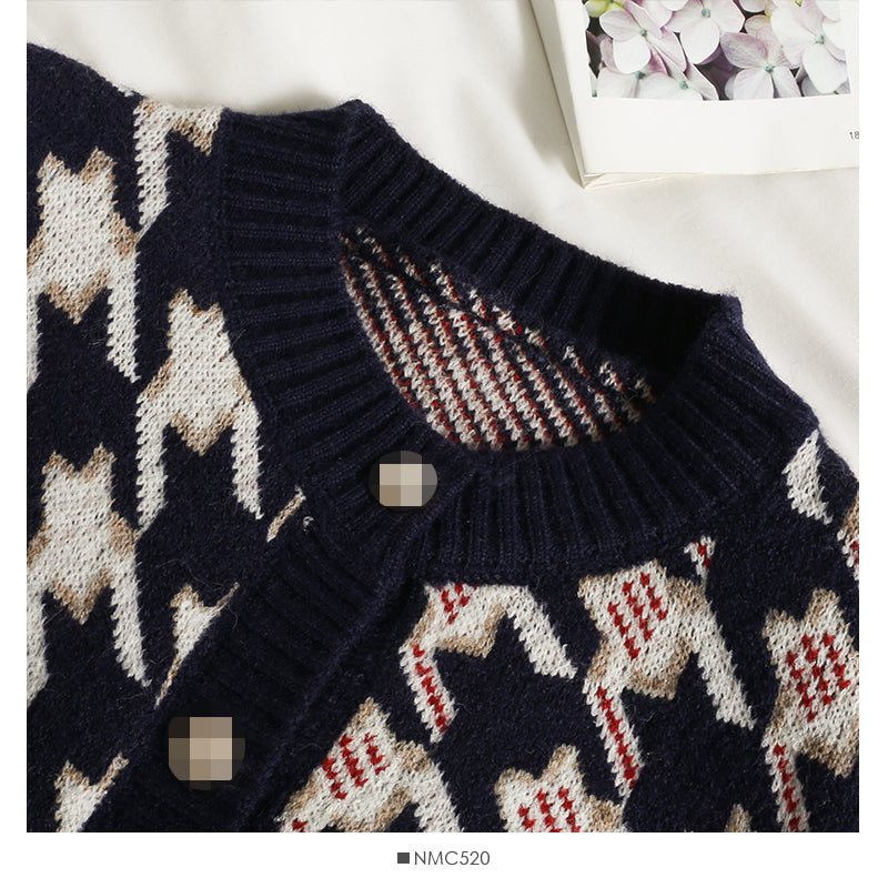 Hong Kong style retro thousand bird check color matching single breasted sweater for women  2056