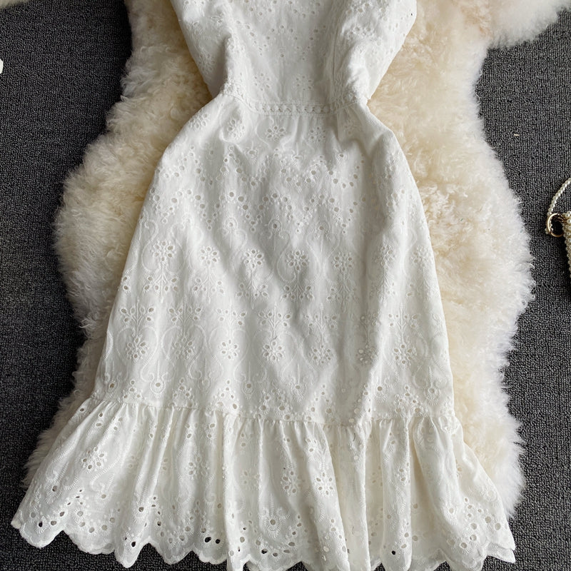 Lace hollow bubble sleeve temperament flounce suspender dress  2765