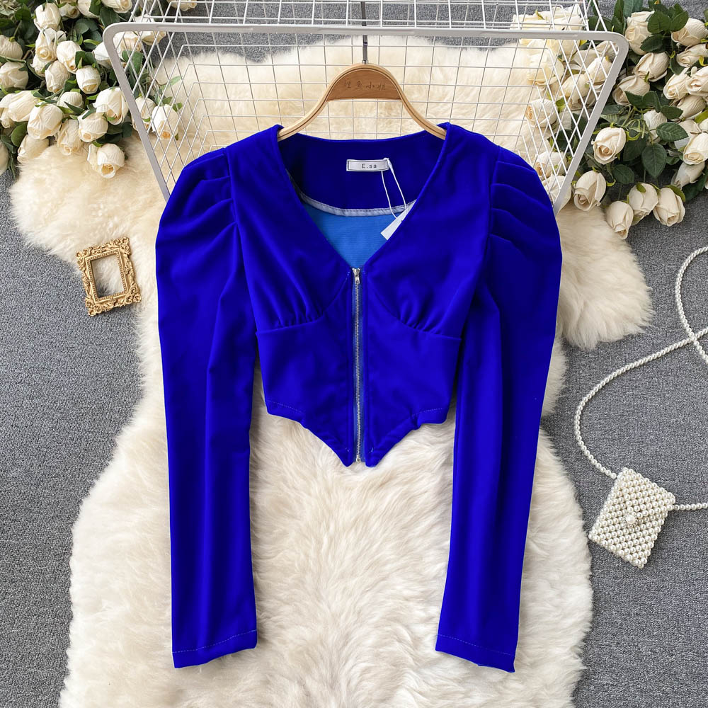 French retro velvet niche V-neck zipper bubble sleeve  1557