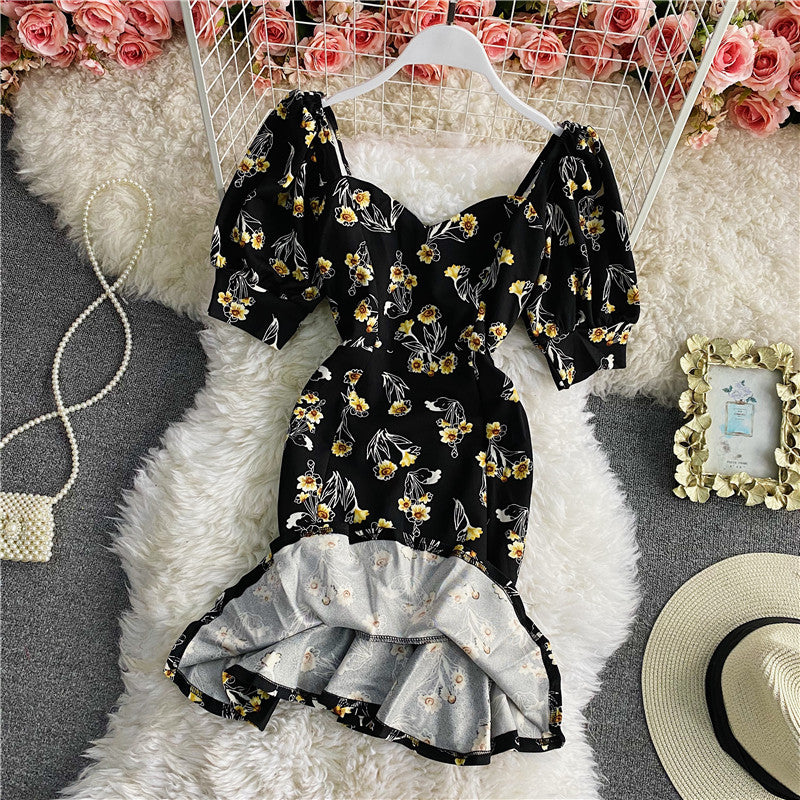 Floral backless square neck bubble sleeve Hip Wrap fishtail dress  2955