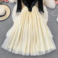 Vintage Hepburn mesh stitched square neck velvet dress  3007