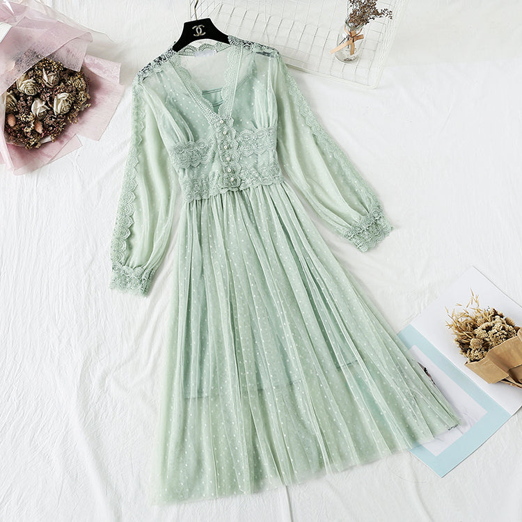 Vintage lace mesh skirt fairy super xiansen two-piece suit  2219
