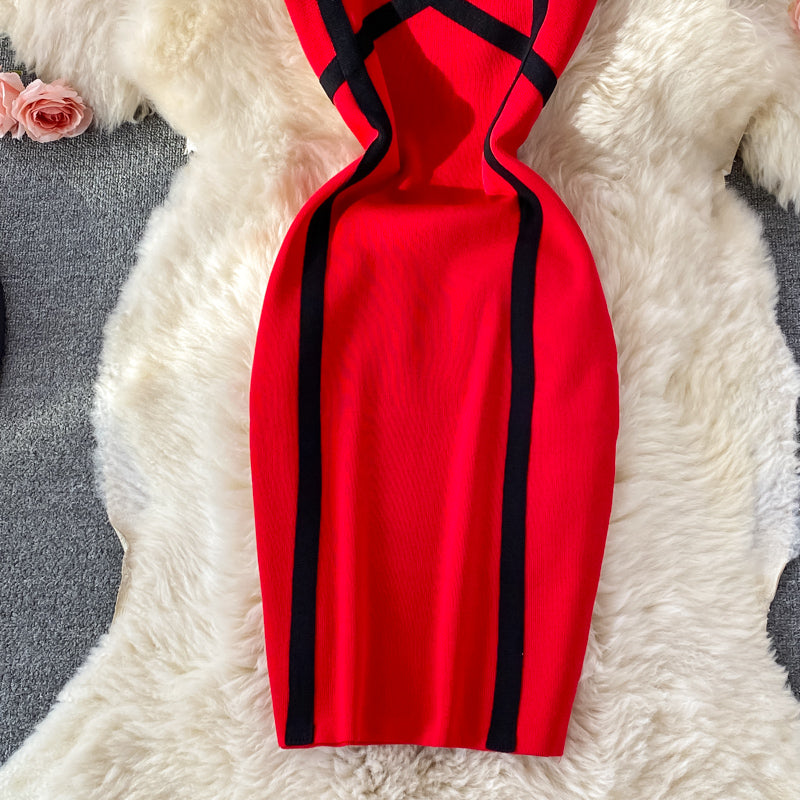 High waist slim elastic knitted Hip Wrap Dress  2824