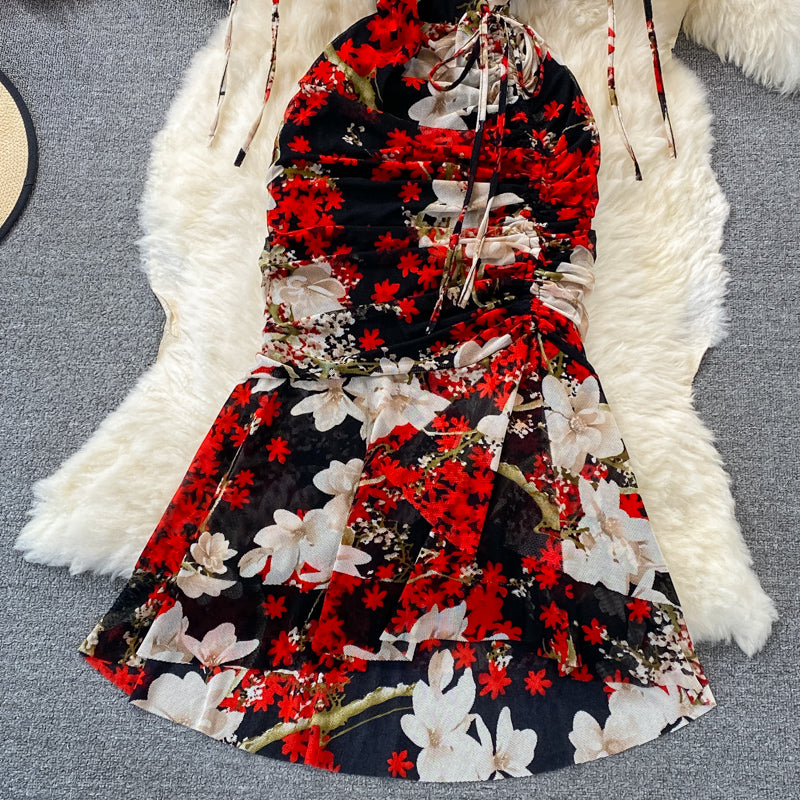 V-neck Floral Chiffon Dress split slim wrap hip fishtail dress  3214
