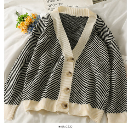 Contrast stitched striped loose skinny cardigan sweate  1974