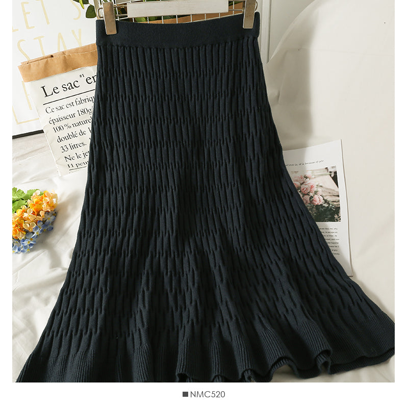 Korean stripe high waist thin solid color versatile knitted skirt  2648