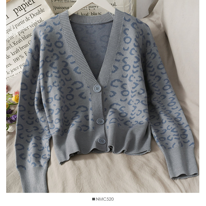 Korean retro color matching leopard three button cardigan women's sweater  1947