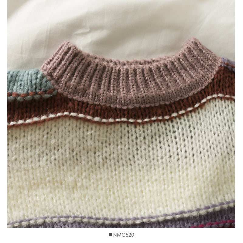 Elegant color contrast stripe round neck long sleeve Pullover Sweater women  2071