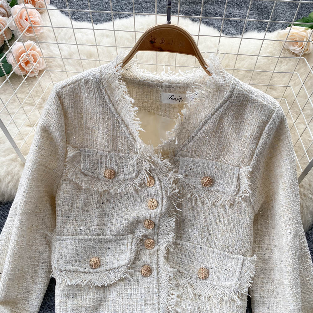Vintage small fragrance tweed coat V-neck coat  1556