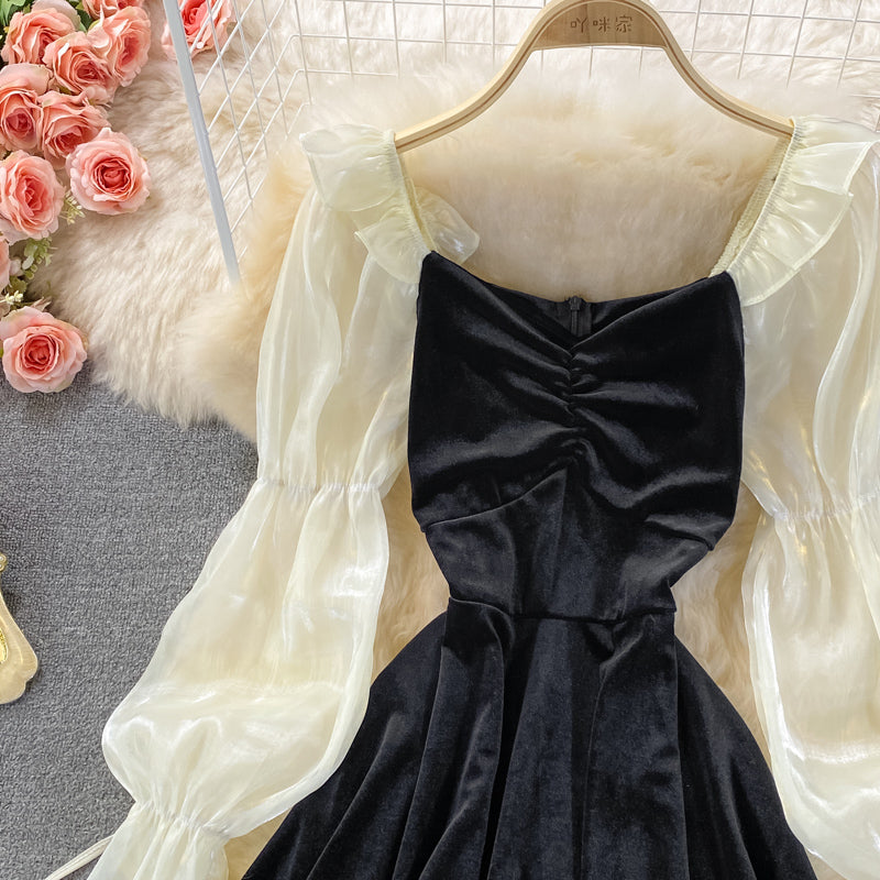 Square neck velvet waist puffy dress  3372