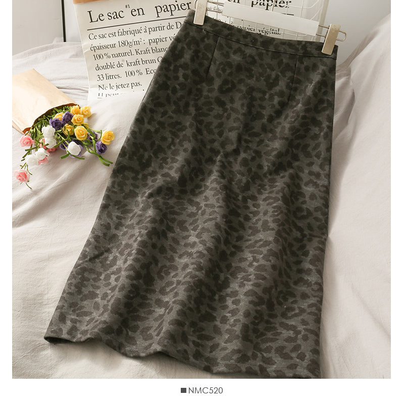 Korean retro split mid length leopard pattern versatile skirt  2635