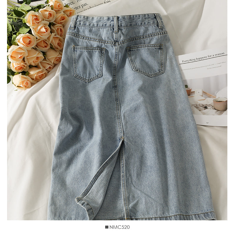 Han Fan simple and versatile solid medium length denim skirt  2534