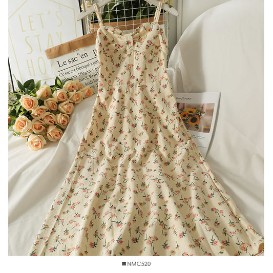Sweet wind printed pleated high waist thin medium length dress  2707