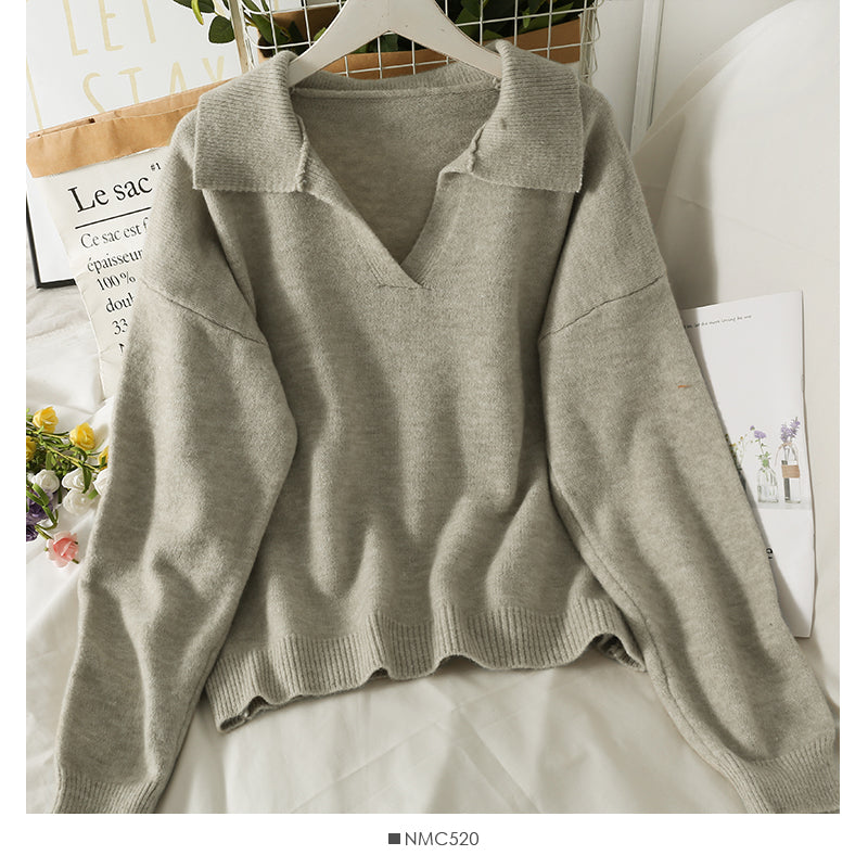 Neuer Vintage Revers lockerer dünner Pullover Pullover für Frauen 1805